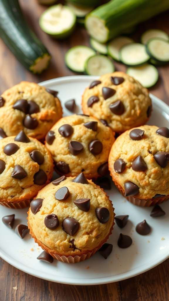 Chocolate Chip Zucchini Muffins Recipe A plate of chocolate chip zucchini muffins with melted chocolate chips, surrounded by slices of zucchini.
